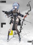  1girl absurdres ahoge alternate_costume arknights arrow_(projectile) asymmetrical_legwear bangs belt black_gloves black_legwear blue_hair bow_(weapon) braid commentary_request compound_bow detached_sleeves eyebrows_visible_through_hair full_body ganyu_(genshin_impact) genshin_impact gloves groin hair_between_eyes highres holding holding_arrow holding_bow_(weapon) holding_weapon kelun long_hair looking_at_viewer sidelocks single_braid smile solo standing thighlet violet_eyes weapon 