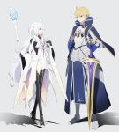 1boy 1girl absurdres ahoge armor arthur_pendragon_(fate) bangs bishounen black_footwear black_gloves black_pants blonde_hair blue_cape breastplate breasts cape closed_mouth commentary excalibur_(fate/prototype) fate/grand_order fate/grand_order_arcade fate/prototype fate/prototype:_fragments_of_blue_and_silver fate_(series) faulds fingerless_gloves full_body gauntlets gloves greaves green_eyes grey_background hair_between_eyes hand_on_own_chest highres holding holding_staff long_hair long_sleeves looking_at_another medium_breasts merlin_(fate/prototype) ne_f_g_o pants pauldrons shadow short_hair shoulder_armor simple_background smile staff sword teacher_and_student very_long_hair violet_eyes weapon white_hair white_robe wide_sleeves 