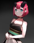  1girl bangs blush breasts choker collarbone earrings gradient gradient_background green_eyes hair_ornament highres horns indie_virtual_youtuber jewelry looking_at_viewer nakamiya_rie open_mouth pointy_ears redhead short_hair small_breasts solo sophielpaka 