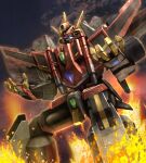  black_background dynazenon_(character) fire glowing glowing_eyes gridman_universe highres looking_ahead mecha mechanical_wings neocity222 no_humans open_hands science_fiction solo ssss.dynazenon super_robot wheel wings 