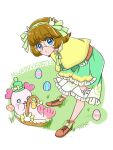  1girl artist_name bangs basket blue_eyes brown_footwear brown_hair capelet closed_mouth dress easter easter_egg egg english_text frilled_dress frills green_dress green_ribbon hair_ribbon happy_easter highres ichinose_minori kururun_(precure) leaning_forward long_sleeves looking_at_viewer medium_dress precure ribbon rimless_eyewear round_eyewear shoes short_hair signature siosio_808 solo standing tropical-rouge!_precure yellow_capelet 