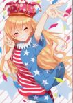  1girl absurdres american_flag_dress american_flag_legwear bangs blonde_hair blush clownpiece crown dress hat highres igayan jester_cap long_hair neck_ruff outstretched_arm polka_dot pun short_dress short_sleeves smile solo star_(symbol) striped teeth thigh-highs touhou v very_long_hair 