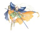  1girl aritani_mahoro blonde_hair blue_cape boots cape deedlit dress elf full_body green_dress green_eyes holding holding_sword holding_weapon long_hair marker_(medium) pointy_ears record_of_lodoss_war simple_background solo sword traditional_media weapon white_background 