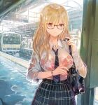  1girl bag blonde_hair bra bracelet collared_shirt commentary glasses ground_vehicle jewelry long_hair necktie original plaid plaid_skirt rain red_bra red_eyes rioka_(southern_blue_sky) shirt shoulder_bag skirt striped_necktie train train_station underwear wet wet_clothes wet_shirt white_shirt 