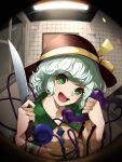 13-gou 1girl :d black_headwear bow empty_eyes fisheye frilled_shirt_collar frills green_eyes green_hair hat hat_bow hat_ribbon head_tilt heart heart_of_string holding holding_knife holding_phone indoors knife komeiji_koishi long_sleeves looking_at_viewer open_mouth phone ribbon shirt short_hair smile solo third_eye touhou upper_body wide_sleeves yandere yellow_shirt 