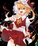  1girl absurdres ascot black_background blonde_hair blood blood_on_hands blood_splatter bow clothes_lift cowboy_shot crystal fangs finger_to_mouth flandre_scarlet frilled_shirt_collar frills gominami hair_between_eyes hat highres light_blush looking_at_viewer medium_hair mob_cap one_side_up open_mouth pleated_skirt puffy_short_sleeves puffy_sleeves red_bow red_eyes red_nails red_skirt red_vest shirt short_sleeves skirt skirt_lift skirt_set solo standing touhou vest waist_bow white_shirt wings wrist_cuffs yellow_ascot 