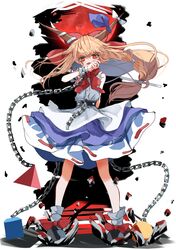  1girl blue_ribbon blue_skirt blush bow chain fang full_body hair_bow highres horn_ornament horn_ribbon horns ibuki_suika long_hair oni_horns open_mouth orange_eyes orange_hair print_skirt red_bow ribbon shirt skirt solo torn_clothes torn_sleeves touhou tsune_(tune) white_shirt 