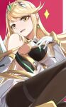 1girl bangs bare_shoulders blonde_hair breasts brown_eyes diamond_(shape) from_below gold_trim hand_on_own_chest highres impossible_clothes large_breasts leotard long_hair looking_at_viewer mythra_(massive_melee)_(xenoblade) mythra_(xenoblade) open_mouth pantyhose pink_background simple_background skindentation smile super_smash_bros. swept_bangs thigh_strap tiara tomas_(kaosu22) very_long_hair xenoblade_chronicles_(series) xenoblade_chronicles_2 yellow_eyes 