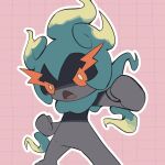  clenched_hands commentary frown grid_background kelvin-trainerk marshadow open_mouth orange_eyes outline outstretched_arm pink_background pokemon pokemon_(creature) solo tongue twitter_username watermark yellow_pupils 