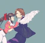  2girls black_eyes black_kimono blue_background bow brown_hair fingerless_gloves gloves hair_behind_ear hair_bow hands_on_another&#039;s_face jacket japanese_clothes kamele kanzaki_sumire kimono looking_at_another mole mole_under_eye multiple_girls open_mouth pants pink_jacket red_bow sakura_taisen shin_sakura_taisen shinguuji_sakura short_hair time_paradox white_gloves white_pants wings 