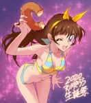  1girl 2020 amanogawa_kirara brown_hair doughnut food go!_princess_precure hairband highres long_hair looking_at_viewer nadeara_bukichi navel one_eye_closed open_mouth precure smile solo swimsuit twintails violet_eyes 