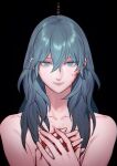  1girl bangs black_background blood blood_on_face blood_on_hands blue_eyes blue_hair byleth_(fire_emblem) byleth_eisner_(female) closed_mouth commentary fire_emblem fire_emblem:_three_houses hair_between_eyes hands_on_own_chest highres ikarin long_hair nude simple_background solo translation_request upper_body 