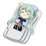  1girl :3 blanket blush_stickers chibi commentary futon girls_frontline green_hair hat holding_picture korean_commentary long_hair micro_uzi_(girls&#039;_frontline) mod3_(girls&#039;_frontline) nightcap pajamas pillow sidarim simple_background sleeping solo twintails uwu white_background zzz 