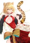  1girl animal_ears blonde_hair bow chinese_zodiac cleavage_cutout closed_mouth clothing_cutout dress feather_boa highres japanese_clothes kimono large_bow leotard looking_at_viewer medium_hair neko_(ganecooo) original red_dress red_kimono red_leotard smile solo tail tiger_ears tiger_tail year_of_the_tiger yellow_bow yellow_eyes 
