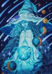  1girl absurdres blue_theme closed_mouth cracked_skin elden_ring extra_arms extra_faces extra_hands glowing glowing_eyes hat highres lauren_baldo long_hair one_eye_closed own_hands_together planet ranni_the_witch sitting solo star_(sky) twitter_username witch witch_hat 