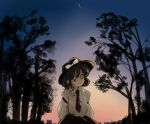  1980s_(style) 1girl arms_behind_back bad_id bad_twitter_id black_headwear black_skirt bow brown_eyes brown_hair commentary_request fedora forest hat hat_bow long_sleeves nature necktie outdoors red_necktie retro_artstyle shirt short_hair skirt sunset takemoto_izumi_(style) tie_clip tombstone touhou tree upper_body usami_renko white_bow white_shirt yatyou 