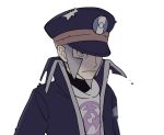  1boy black_coat black_headwear blurry closed_mouth coat facial_hair frown goatee grey_eyes grey_hair hat high_collar ingo_(pokemon) jaho long_sideburns male_focus peaked_cap pearl_clan_outfit pokemon pokemon_(game) pokemon_legends:_arceus short_hair sideburns solo trench_coat upper_body white_background 