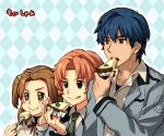  +_+ 1girl 2boys :&gt; :q :t amachi_shouta argyle argyle_background bangs blue_hair brown_hair cake cake_slice cheesecake collared_shirt dress_shirt eating food food_wrapper fork green_necktie grey_jacket hair_ornament hairclip hand_on_own_cheek hand_on_own_face height_difference holding holding_food holding_fork jacket long_sleeves looking_afar mole mole_under_eye multiple_boys neck_ribbon necktie nishii_(pixiv4603624) nishimoto_haruhi one_side_up portrait red_ribbon redhead ribbon school_uniform shiba_katsumi shirt short_hair side-by-side smile tokimeki_memorial tokimeki_memorial_girl&#039;s_side_2nd_kiss tongue tongue_out undershirt upper_body white_shirt x_hair_ornament 
