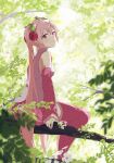  1girl blurry blurry_foreground branch cherry_hair_ornament closed_mouth collared_shirt commentary_request day detached_sleeves falling_petals flower food-themed_hair_ornament from_behind hair_between_eyes hair_ornament hatsune_miku highres leaf long_hair long_sleeves looking_at_viewer outdoors petals pink_eyes pink_hair pink_legwear pink_shirt pink_sleeves pre_sktch sakura_miku shirt sitting sleeveless sleeveless_shirt sleeves_past_wrists smile solo thigh-highs twintails vocaloid white_flower 