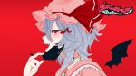  1girl bandaid brooch fangs frills from_side hair_ornament hat highres jewelry mask mask_pull mask_removed medium_hair mob_cap parody red_background red_eyes remilia_scarlet ring satoimo1012 smile solo song_name touhou vampire_(vocaloid) wavy_hair 