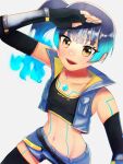  1girl blue_hair brown_eyes chest_jewel fiery_hair flat_chest glowing_lines high_tops highres navel open_mouth sena_(xenoblade) shorts simple_background smile solo tochiryoh white_background xenoblade_chronicles_(series) xenoblade_chronicles_3 