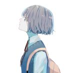  1girl absurdres backpack bag blue_sweater_vest closed_mouth collared_shirt commentary_request grey_eyes grey_hair hagimorijia highres neck_ribbon original profile red_ribbon ribbon school_uniform shirt short_hair simple_background solo sweater_vest upper_body white_background white_shirt 