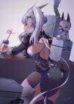  absurdres armor armored_dress ass back blush breasts cowboy_shot dress drink feet from_behind h.an_(516635864) highres leaning_on_table legs lips long_hair looking_at_viewer looking_back medium_breasts pantyhose punishing:_gray_raven sideboob silly_straw silver_hair thigh-highs twintails 