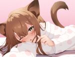  1girl absurdres animal_ears arm_pillow bangs blush brown_hair cat_ears cat_girl cat_tail chestnut_mouth commentary_request finger_heart fingernails haiba_09 hair_over_eyes hair_strand highres long_hair long_sleeves looking_at_viewer lying nekoseki_rion on_side one_eye_closed original outstretched_arm paid_reward_available pajamas pink_background polka_dot polka_dot_pajamas solo tail upper_body yellow_eyes 