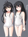  2girls ahoge black_hair blush breasts collarbone cowboy_shot eyebrows_visible_through_hair gradient gradient_background grey_background hair_between_eyes hatsushimo_(kancolle) highres ishida_arata kantai_collection long_hair low-tied_long_hair mikazuki_(kancolle) multiple_girls old_school_swimsuit open_mouth red_eyes school_swimsuit small_breasts smile swimsuit twitter_username white_swimsuit yellow_eyes 