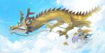  1girl above_clouds animal_focus antlers armor bangs blonde_hair blue_bow blue_cape blue_sky bow cape claws clouds colored_eyelashes commentary_request day dragon dragon_quest escalin_(hld_doreko) ethereal_serpent eye_contact flying from_side hair_bow happy highres linne_(hld_doreko) long_hair looking_at_another looking_back midair open_mouth outdoors profile riding sharp_teeth shoulder_armor sidelocks sideways_mouth sky slime_(creature) slime_(dragon_quest) smile spikes teeth waist_cape whiskers yellow_eyes 
