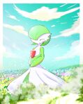  1girl ^_^ bangs blue_flower blue_sky blurry blurry_foreground blush bob_cut border closed_eyes closed_mouth clouds colored_skin commentary_request day field flat_chest flower flower_field full_body gardevoir grass green_hair green_skin happy highres multicolored_skin outdoors outside_border own_hands_together pokemon pokemon_(creature) purple_flower ragia short_hair sideways_mouth sky smile solo standing two-tone_skin white_border white_flower white_skin yellow_flower 