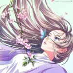  1girl aqua_background artist_name blue_butterfly branch breasts brown_hair bug butterfly cardigan expressionless falling flower hair_behind_ear korean_commentary leaf looking_up medium_breasts original pink_flower purple_cardigan shirt signature solo toti_(tt_o_tiii) violet_eyes white_shirt 