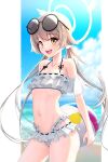  1girl :d azure-maya ball beach bikini blue_archive blue_sky blurry blurry_background brown_hair clouds collarbone commentary_request day eyebrows_visible_through_hair eyewear_on_head flat_chest frilled_bikini frills halo hifumi_(blue_archive) hifumi_(swimsuit)_(blue_archive) highres holding holding_ball long_hair looking_at_viewer navel ocean round_eyewear round_teeth sky smile solo stomach sunglasses swimsuit teeth upper_teeth white_background white_bikini yellow_eyes 