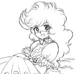  1980s_(style) 1girl arm_ribbon arm_strap blush commentary_request eyebrows_visible_through_hair frilled_sleeves frills himemushi_momoyo jewelry long_hair monochrome nose_blush one-hour_drawing_challenge open_mouth puffy_short_sleeves puffy_sleeves retro_artstyle ribbon ring shirt short_sleeves sitting sketch skirt takemoto_izumi_(style) touhou very_long_hair z67y97t87gyihy 
