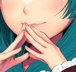  1girl blush close-up frills green_hair hands kageharu kagiyama_hina smile solo steepled_fingers touhou 