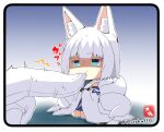  1girl animal_ears azur_lane bangs biting blunt_bangs blush chibi clenched_hand commander_(azur_lane) commentary_request detached_sleeves eyebrows_visible_through_hair eyeshadow fox_ears fox_girl fox_tail gloves hands_on_hips hat japanese_clothes kaga_(battleship)_(azur_lane) kyuubi long_sleeves looking_at_viewer makeup mini_hat multiple_tails out_of_frame short_hair sidelocks tail taisa_(kari) translation_request twitter_username white_gloves white_hair wide_sleeves 