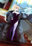  1girl absurdres artist_name blonde_hair breasts colored_skin dress fur_coat highres indoors ken-aramaki large_breasts mole monster_girl_encyclopedia ponytail side_slit sidelocks smile thigh-highs tiara violet_eyes wight_(monster_girl_encyclopedia) 