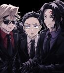  3boys adjusting_eyewear akaza_(kimetsu_no_yaiba) black_background black_gloves black_hair black_jacket black_necktie closed_mouth collared_shirt contemporary douma_(kimetsu_no_yaiba) facial_mark flipped_hair forked_eyebrows formal furrowed_brow gloves hair_between_eyes hamiko_(hakogardenmiko) hand_up highres humanization jacket kimetsu_no_yaiba kokushibou lips long_sleeves looking_at_another looking_at_viewer looking_away looking_over_eyewear male_focus multicolored_eyes multiple_boys necktie one_eye_closed own_hands_together ponytail purple_hair rainbow_eyes red_eyes red_shirt shirt short_hair side-by-side sideways_glance simple_background smile suit sunglasses twitter_username upper_body violet_eyes white_shirt 