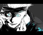  1boy black_jacket blindfold blindfold_lift blue_eyes crossed_fingers gojou_satoru grey_background jacket jujutsu_kaisen lifted_by_self limited_palette male_focus shiki_(shiki_no) silver_hair sketch solo 