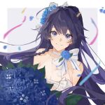  1girl bangs blue_flower blue_rose border bouquet bridal_veil closed_mouth confetti dress flower grey_background happy_birthday highres holding holding_bouquet honkai_(series) honkai_impact_3rd long_hair looking_at_viewer looking_back petals ponytail purple_hair raiden_mei raiden_mei_(valkyrie_bladestrike) remy5621 rose simple_background sleeveless sleeveless_dress smile solo veil violet_eyes wedding_dress white_border white_dress 