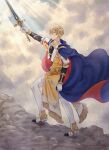  1boy arthur_(shin_sakura_taisen) bangs blonde_hair blue_cape cape clouds from_side gloves hairband highres holding holding_sword holding_weapon jacket katsuki_(fudepenclub) looking_at_viewer male_focus pants sakura_taisen shin_sakura_taisen sky smile solo sword weapon white_gloves white_hairband white_pants yellow_jacket 