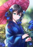  1girl absurdres bangs black_hair blue_eyes blue_flower blue_kimono closed_mouth commentary day english_commentary eyebrows_visible_through_hair floral_print flower hair_between_eyes hair_flower hair_ornament head_tilt highres holding holding_umbrella itaro japanese_clothes kimono long_sleeves looking_at_viewer obi oil-paper_umbrella outdoors print_umbrella red_umbrella sash smile solo tougou_mimori umbrella wide_sleeves yuuki_yuuna_wa_yuusha_de_aru yuusha_de_aru 