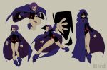  1girl ass breasts cape colored_skin dc_comics evilstaplers forehead_jewel gloves grey_skin highres leotard looking_at_viewer medium_breasts purple_hair raven_(dc) short_hair simple_background solo teen_titans thighs violet_eyes 