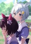  2girls :d ^_^ animal_ears black_bow black_hair blue_eyes blue_shirt blue_sky bow closed_eyes closed_mouth clouds commentary_request day fence flower fuji_fujino grey_hair hair_flower hair_ornament hairband hairclip hand_up highres horse_ears multiple_girls nishino_flower_(umamusume) outdoors pink_hairband pleated_skirt puffy_short_sleeves puffy_sleeves seiun_sky_(umamusume) shirt short_hair short_sleeves skirt sky smile umamusume upper_body white_skirt yellow_flower 