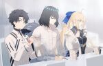 1girl 2boys ahoge artoria_pendragon_(caster)_(fate) artoria_pendragon_(fate) black_gloves black_hair black_shirt blonde_hair blue_bow blue_eyes bow buttons chair chopsticks closed_eyes clothing_cutout command_spell commentary cup_noodle diamond_hairband dress eating facial_mark fate/grand_order fate_(series) food forehead_mark fujimaru_ritsuka_(male) fujimaru_ritsuka_(male)_(decisive_battle_chaldea_uniform) gloves green_eyes hair_bow hair_ornament highres holding holding_chopsticks indoors insect_wings jacket long_hair long_sleeves looking_at_another multiple_boys ne_f_g_o noodles oberon_(fate) open_mouth ramen shirt short_hair sitting spoilers table very_long_hair white_dress white_jacket white_shirt wide_sleeves wings 
