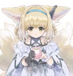  1girl :o animal_ear_fluff animal_ears apron arknights bangs bare_shoulders black_gloves blonde_hair blue_hairband braid commentary_request cup eyebrows_visible_through_hair fox_ears fox_girl fox_tail frilled_skirt frills gloves green_tea hair_between_eyes hair_rings hairband highres holding holding_cup kataageteto kitsune looking_at_viewer multicolored_hair parted_lips pleated_skirt purple_skirt shirt simple_background single_glove skirt solo suzuran_(arknights) tail tea twin_braids two-tone_hair waist_apron white_apron white_background white_hair white_shirt yellow_eyes yunomi 