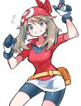  1girl bandana bangs bike_shorts breasts brown_hair clenched_hand collared_shirt commentary_request eyelashes flying_sweatdrops grey_eyes grin highres holding holding_poke_ball hyou_(hyouga617) long_hair may_(pokemon) poke_ball poke_ball_(basic) pokemon pokemon_(game) pokemon_rse red_bandana red_shirt shirt short_sleeves skirt smile solo white_skirt 