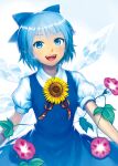  1girl :d artist_name blue_bow blue_dress blue_eyes blue_hair bow cirno commentary_request dress flower hair_bow highres ice ice_wings kageharu looking_at_viewer morning_glory open_mouth plant puffy_short_sleeves puffy_sleeves revision short_hair short_sleeves smile solo sunflower tan tanned_cirno touhou vines wings 