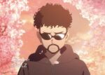  1boy anime_screencap bad_bunny beard black_hair black_hoodie cherry_blossoms curly_hair earrings facial_hair foreground_text frown hood hood_down hoodie jewelry male_focus nose_piercing nose_ring official_art petals piercing real_life sky solo sunglasses third-party_source upper_body 