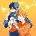  2boys 830_(hamio) black_eyes black_hair blue_coat coat gift gradient gradient_background haikyuu!! highres hinata_shouyou holding holding_gift kageyama_tobio male_focus messy_hair multiple_boys open_mouth orange_eyes orange_hair orange_shirt outline scarf shirt smile yellow_outline 